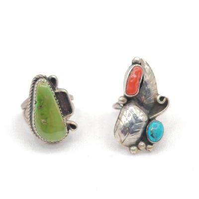 Turquoise & Coral And Green Stone Native Rings Sterling Silver