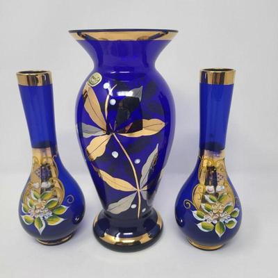 Hand Painted Boho Cobalt Glass Vases With Gold Trim 