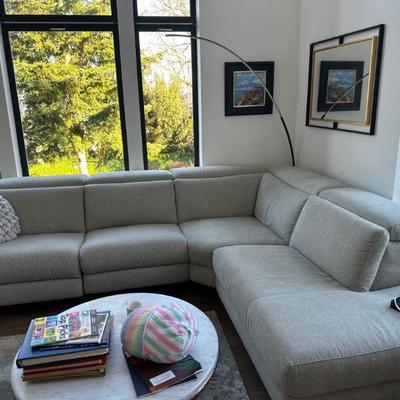 Sectional couch with Restoration Hardware marble top coffee table & over the couch lamp