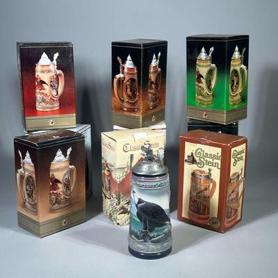 (7pc) STEIN COLLECTION | Six new in box, one without box, including two "Classic Stein" Budweiser steins, and Anheuser-Busch...
