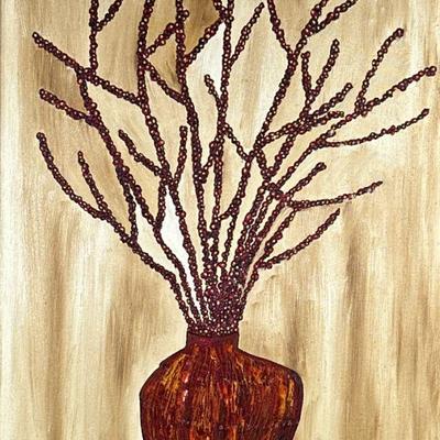 FULGENZI 1963 STILL LIFE | Oil on canvas still life painting of branches in a vase before an abstract background by Vincent Fulgenzi,...