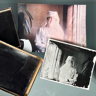 (2pc) WWI GLASS NEGATIVES | Two glass negatives of a female nurse from World War 1 in white WW1 nurse's uniform with red cross hat,...