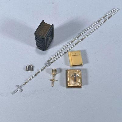 (5pc) MINIATURE RELIGIOUS BOOK BOXES | Including: small book box with mother of pearl front with inlaid crucifix, "Ten...