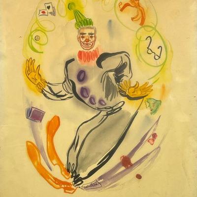 SPORTWHIRL CLOWN WATERCOLOR | Juggling clown. Watercolor on Paper. Inscribed "Sportwhirl" on bottom. - w. 17.5 x l. 20.5 in...