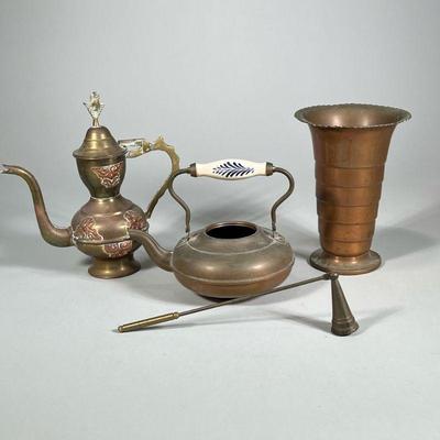 (4pc) BRASS & COPPER ITEMS | Including a brass ewer with applied pressed copper plaques, a copper-toned vase, a teapot with blue and...