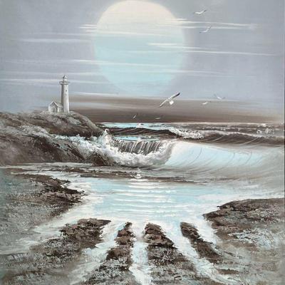 SEASCAPE PAINTING | Seagulls and lighthouse. Oil on canvas. Signed lower right, "Rosalie". - h. 24.5 x w. 20.5 in (frame)...