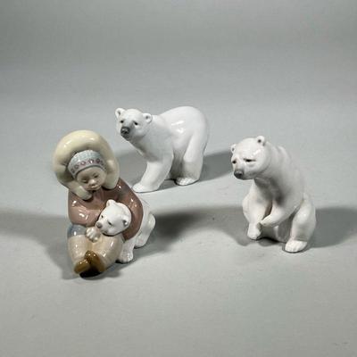 (3pc) LLADRO POLAR BEARS | Including: Resting Polar Bear, Attentive Polar Bear, and Eskimo, each with Lladro markings to bottom. - h. 4.5...