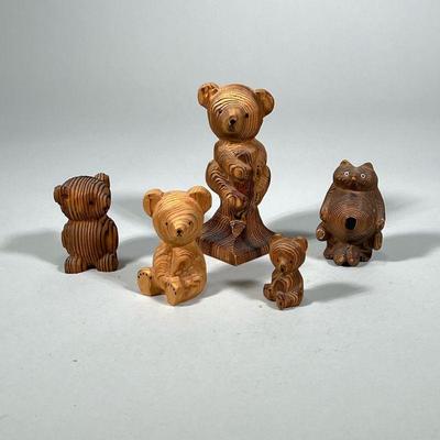 (5pc) KADIAN CRAFTS & OTHER CARVED BEARS | Including: 3 hand carved wood bear figurines by Kadian Crafts in Canada, small bear from...