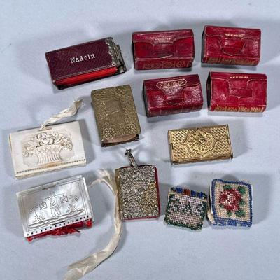 (12pc) MINIATURE NEEDLE BOXES & PIN CUSHIONS | Mixed lot of needle boxes & pin cushions including: tooled leather, folding &...