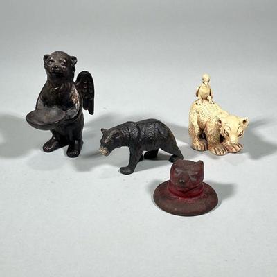 MIXED BEARS | Including: painted metal bear head paperweight, bronzed angel bear figure, resin bear figure, and wood carved bear. - h. 5...