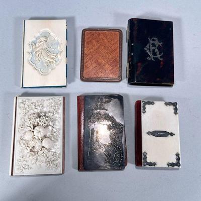 (6pc) SILVER, BONE & OTHER CARD HOLDERS | Including: 3 carved bone card holders, sterling silver & leather card holder, lucite card...