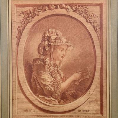 ANTIQUE FRENCH PRINT IN FRAME | Showing portrait of woman reading a paper, Dedie a Me. Huet, J. B. Huet Peintre du Roi. 16.25 x 13.25 in....