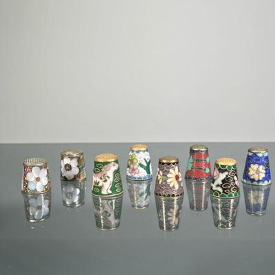 (8pc) CLOISONNE & MICROMOSAIC THIMBLES | Including a set of six cloisonne enameled thimbles, most with flowers and one depicting a dog on...