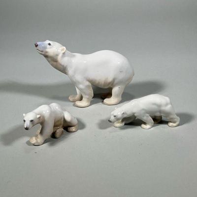 (3pc) B&G DENMARK POLAR BEARS | Lot of 3 glazed ceramic polar bear figurines by B&G Denmark, marked on the bottoms. - h. 5.5 x w. 2 x l....