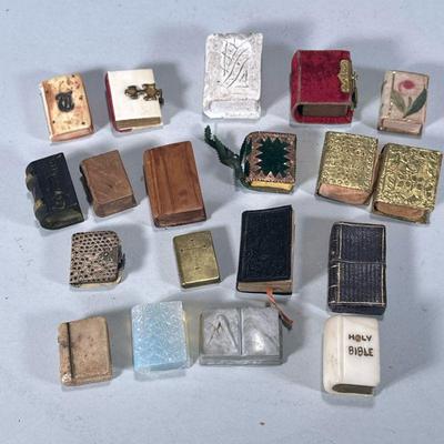 (19pc) MIXED MINIATURE CARVED BOOKS & BOOK BOXES | Large mixed lot of miniature books including: carved stone, cut glass, carved...