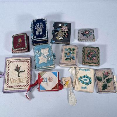 (11pc) ANTIQUE BEADWORK & OTHER PIN CUSHIONS & MORE | Bead decorated and needlework decorated needle cases and pin cushions. -...