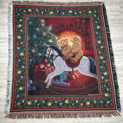 NEEDLEPOINT BLANKET | Christmas-themed needlepoint blanket showing two teddy bears on a rocking horse. - h. 57.5 x w. 49.5 in (with...