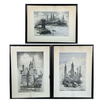 (3pc) CARL ABEL LITHOGRAPHS | Each signed and dated in the plate, uniformly framed, including Brooklyn Bridge and the Skyline of Lower...