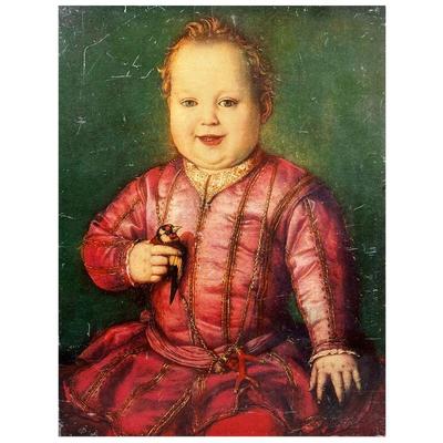 ITALIAN PORTRAIT PLAQUE | Printed portrait on masonite of a young Medici child with bird, with Istituto Fotocromo Italiano label on...
