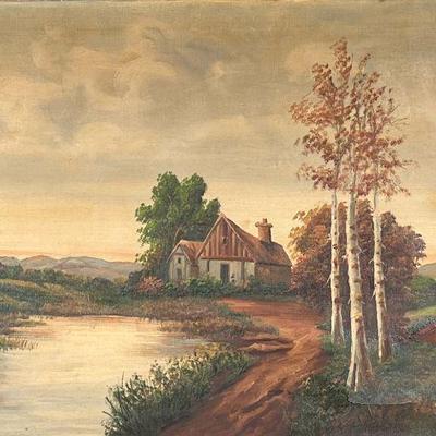 LANDSCAPE OIL PAINTING | Oil on canvas, signed lower right "F. Pincos" (?) 24 x 36 in. stretcher - h. 29.5 x w. 41.5 in...