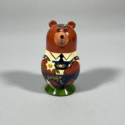 RUSSIAN BEAR NESTING DOLL | 5 piece Russian bear-form nesting doll, marked on bottom “Made in Russia / M.T. 2000” - h. 4.5 x dia. 2.5 in...