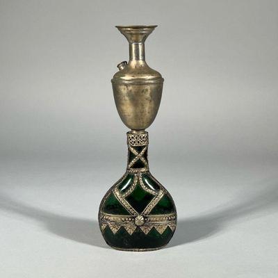 PERSIAN GLASS & BRASS HOOKAH | Hookah base designed as a green glass with hammered brass mounts with a brass upper section. - h. 11.5...