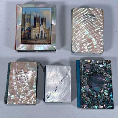 (5pc) MOTHER OF PEARL NEEDLE CASES | Lot of mother of pearl & abalone needle cases/needle books. - w. 2 x l. 2.5 in (largest)...