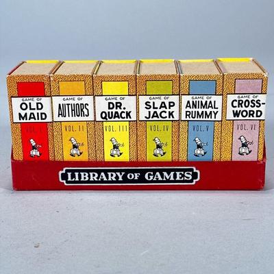 RUSSEL LIBRARY OF GAMES | Library of 6 miniature games in books including Game of; Old Maid, Authors, Dr. Quack, Slap Jack, Animal Rummy,...