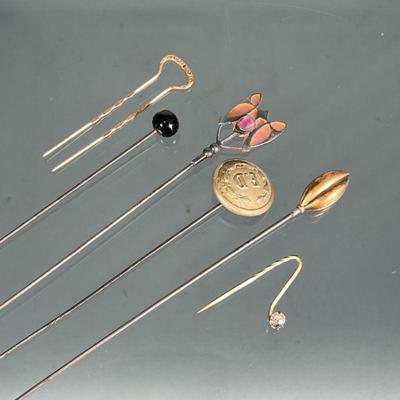 (6pc) STERLING & OTHER HAT PINS | Including an Art Nouveau sterling silver and pink faceted gem set hairpin with fineness mark, a pin...