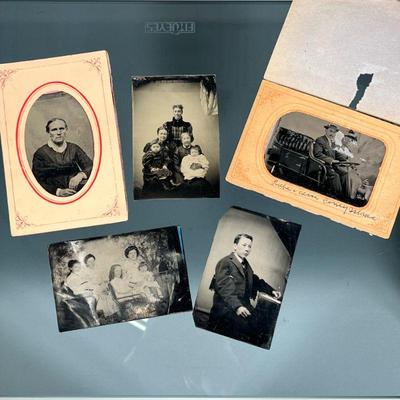 (5pc) TIN TYPE PHOTOGRAPHS | Antique tin types including: a couple in an automobile, inscribed 