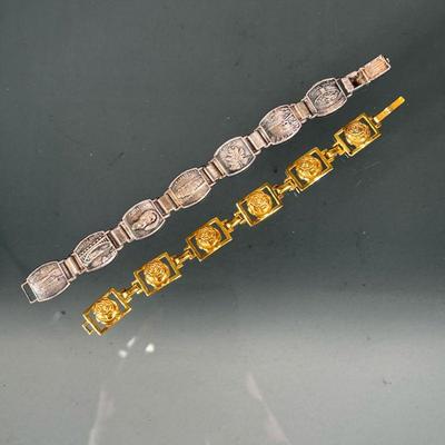 (2pc) SILVER BRACELETS | Including a sterling silver vermeil with rose-form plaques, with "STERLING" fineness mark (0.42 ozt);...