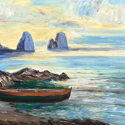 OIL SEASCAPE | Seascape with boat. Oil on artist's board. Signed on verso - h. 13.5 x w. 17.5 in (frame)

Contact All Country Estate...