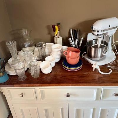 Kitchen aid mixer, assorted dishes, cutlery