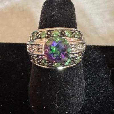Sterling silver and Fire Sapphire ring with peridot and diamond accents 