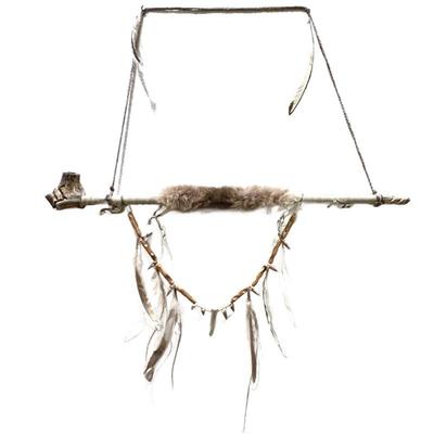 28" Long Leather Wrapped Smoke pipe - leather and fur wrapped, carved eagle head, feather, carved wood, antler and seashell adornments.