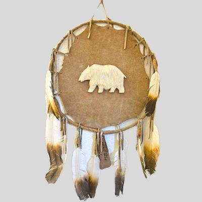 "Sacred Bear" Shoshone war shield - suede, animal fur, feathers