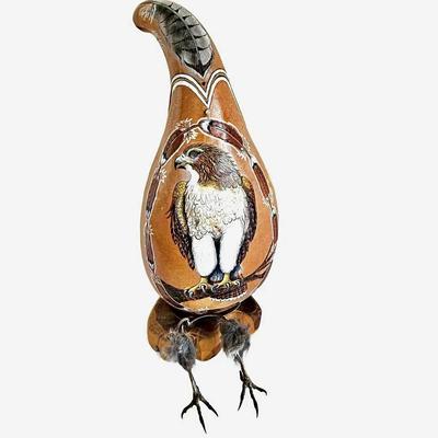  Gourd Etched/ Hand Painted Red Tailed Hawk and Feathers - w/hawk talons - Signed by Artist