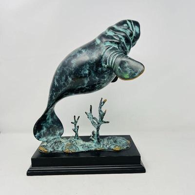  Bronze Manatee with Patina on Wood Base - By SPI Gallery
