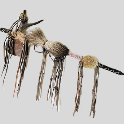 Navajo Iron Blade Tomahawk Smoke Pipe Adorned w/ Fox, Moose, Coyote Fur, Glass Beads, Cow Hide & Horsehair