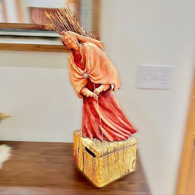 Sally Kimp Original Red Clay Sculpture 'Gathering Woman' - on Aged Wood Block