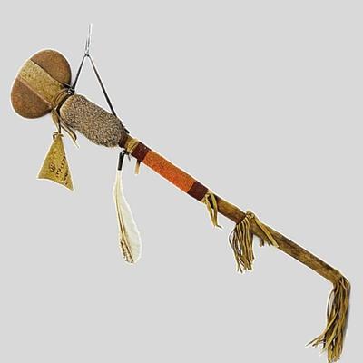Plains Indian Pony Warrior stone club. Deer fur, rawhide, glass beading, turkey feathers, mountain goat hide adornment