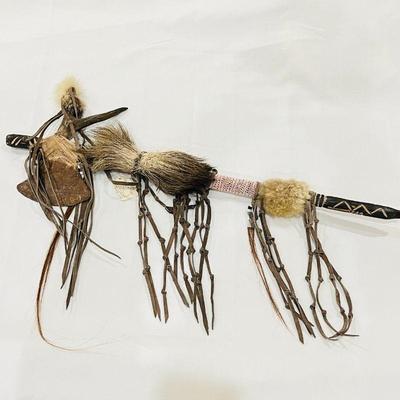 Navajo Iron Blade Tomahawk Smoke Pipe Adorned w/ Fox, Moose, Coyote Fur, Glass Beads, Cow Hide & Horsehair