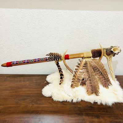  Native American Sacred Smoke Pipe - Decorated w/ Beads, Fur, and Feathers- Displayed on Antler Stand