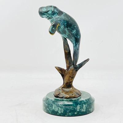 Small 6” Tall Bronze Manatee with Patina on Marble Base - By SPI Gallery