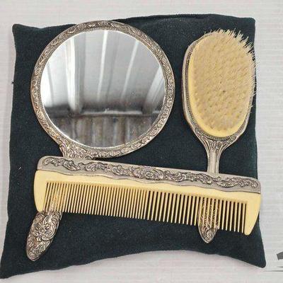 #1917 • 3-Piece Silver Plated Vintage Vanity Set

