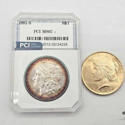 #1300 • 1881-S Morgan Silver Dollar & 1922-P Silver Peace Dollar Coins
