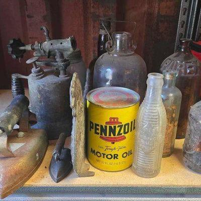 #6024 • Glass Bottles, Vintage Irons & More
