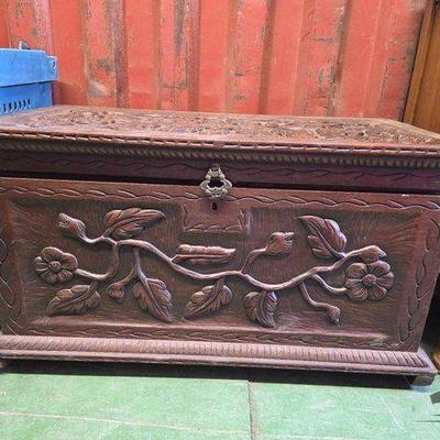 #6536 • Hand-Carved Wooden Chest with Floral Design
