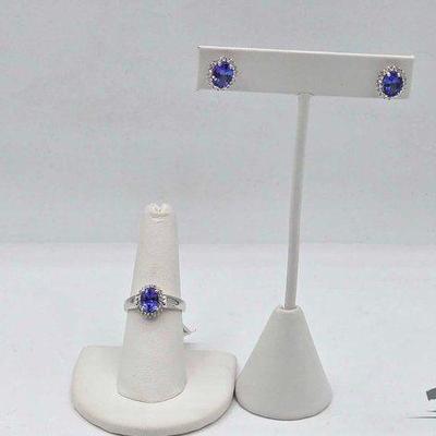 #718 • 14k White Gold Tanzanite, Diamond Matching Ring & Earring Set, 6.48g
