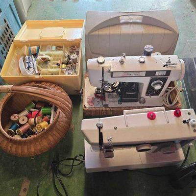 #6070 • Sewing Machines, Basket, Storage Organizer and Sewing Supplies
